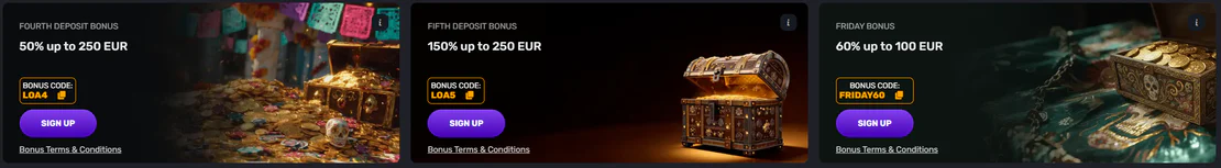 Voodoo Casino fourth deposit bonus of 50% up to €250, fifth deposit bonus of 150% up to €250 and Friday bonus of 60% up to €100