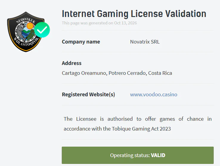 Voodoo Casino Tobique Gaming license validation for Novatrix SRL with valid operating status
